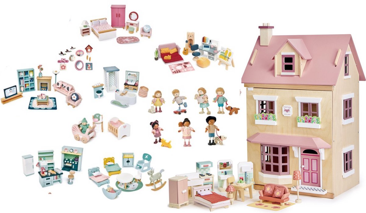 [H] Tender Leaf uniek houten poppenhuis Villa Foxtail XXL 3 verdiepingen inclusief 7 nieuwe houten popjes - woonkamer en keuken/slaap/badkamer/kinderkamer/babykamer/studeer kamer meubels en accessoires - 40 x 72 x 90 cm Zeer Compleet